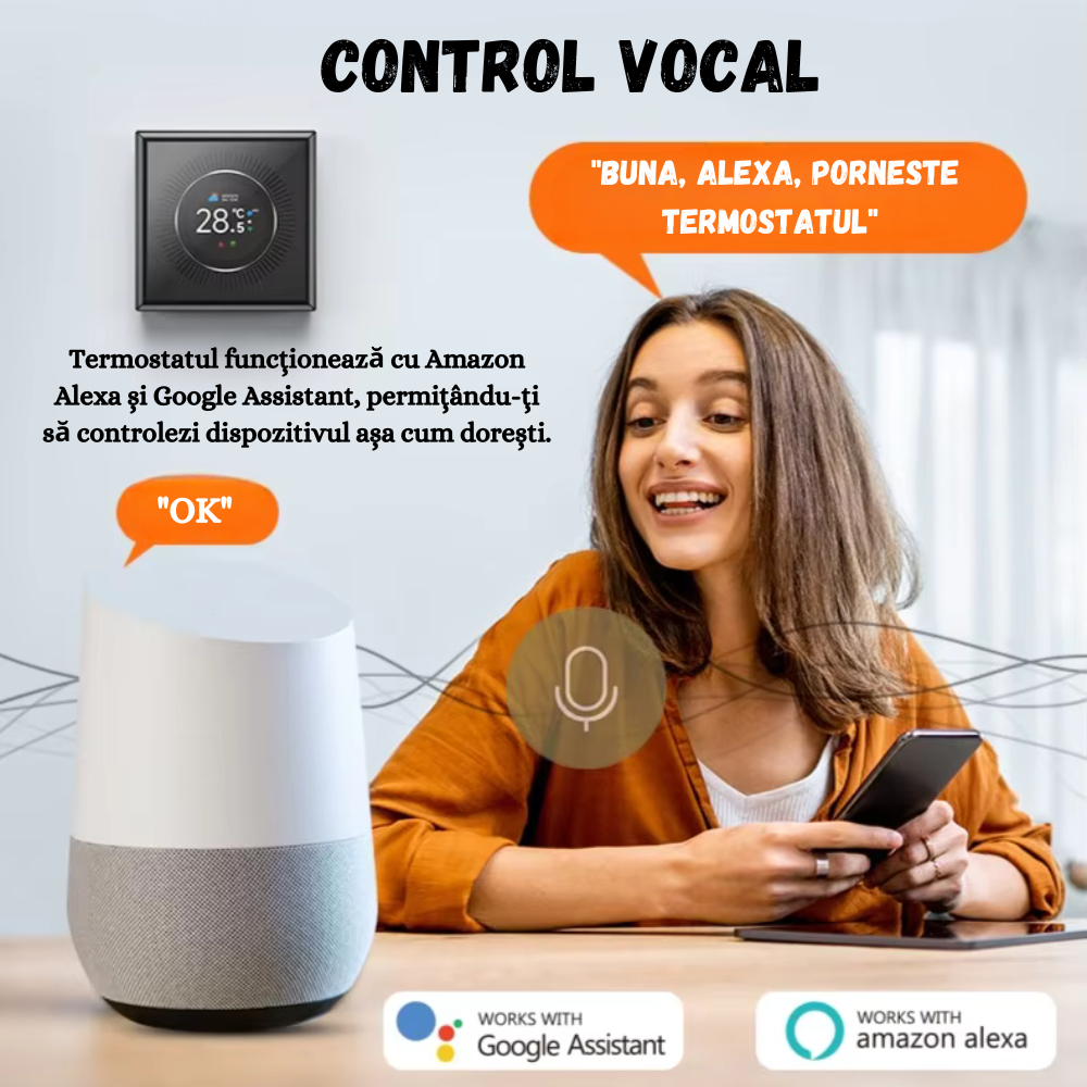Termostat Inteligent WiFi Birai Gri – Tuya/Smart Life, Google Home & Alexa, Afișaj Tactil, Centrală Gaz - imagine produs