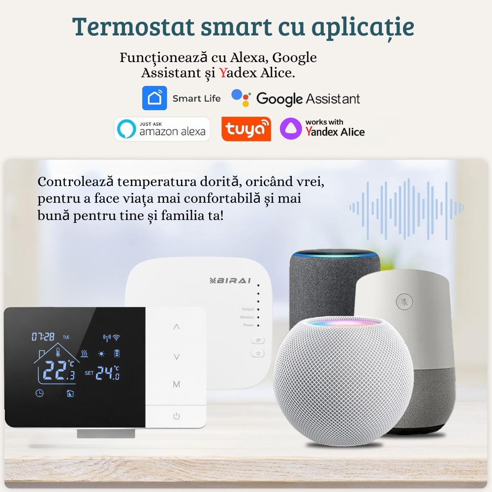Termostat Smart Birai EcoTherm Negru – Programabil, WiFi, RF 433MHz, Control Vocal Alexa & Google Home, Receiver Inclus - imagine produs