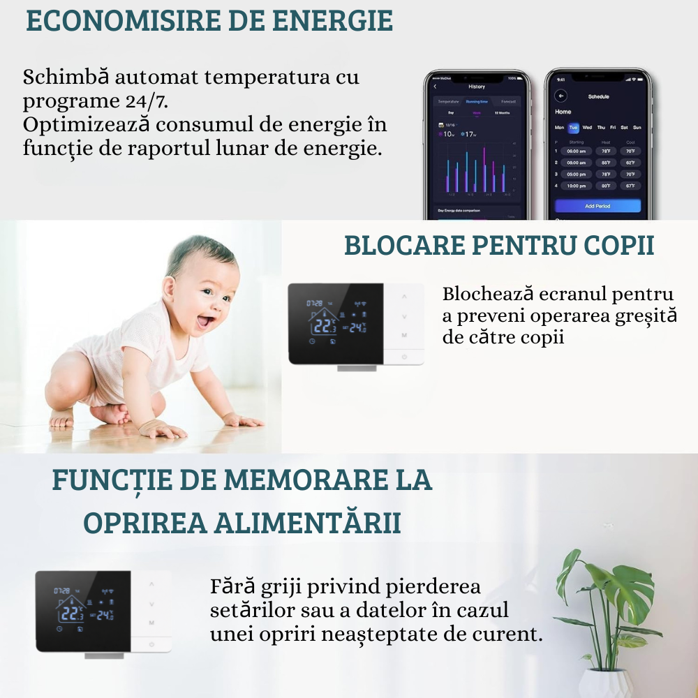 Termostat Smart Birai EcoTherm Negru – Programabil, WiFi, RF 433MHz, Control Vocal Alexa & Google Home, Receiver Inclus - imagine produs