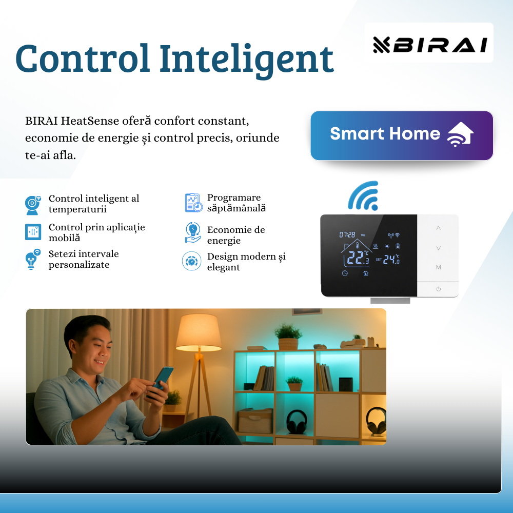 Termostat Smart Birai EcoTherm Negru – Programabil, WiFi, RF 433MHz, Control Vocal Alexa & Google Home, Receiver Inclus - imagine produs