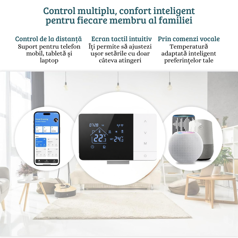 Termostat Smart Birai EcoTherm Negru – Programabil, WiFi, RF 433MHz, Control Vocal Alexa & Google Home, Receiver Inclus - imagine produs