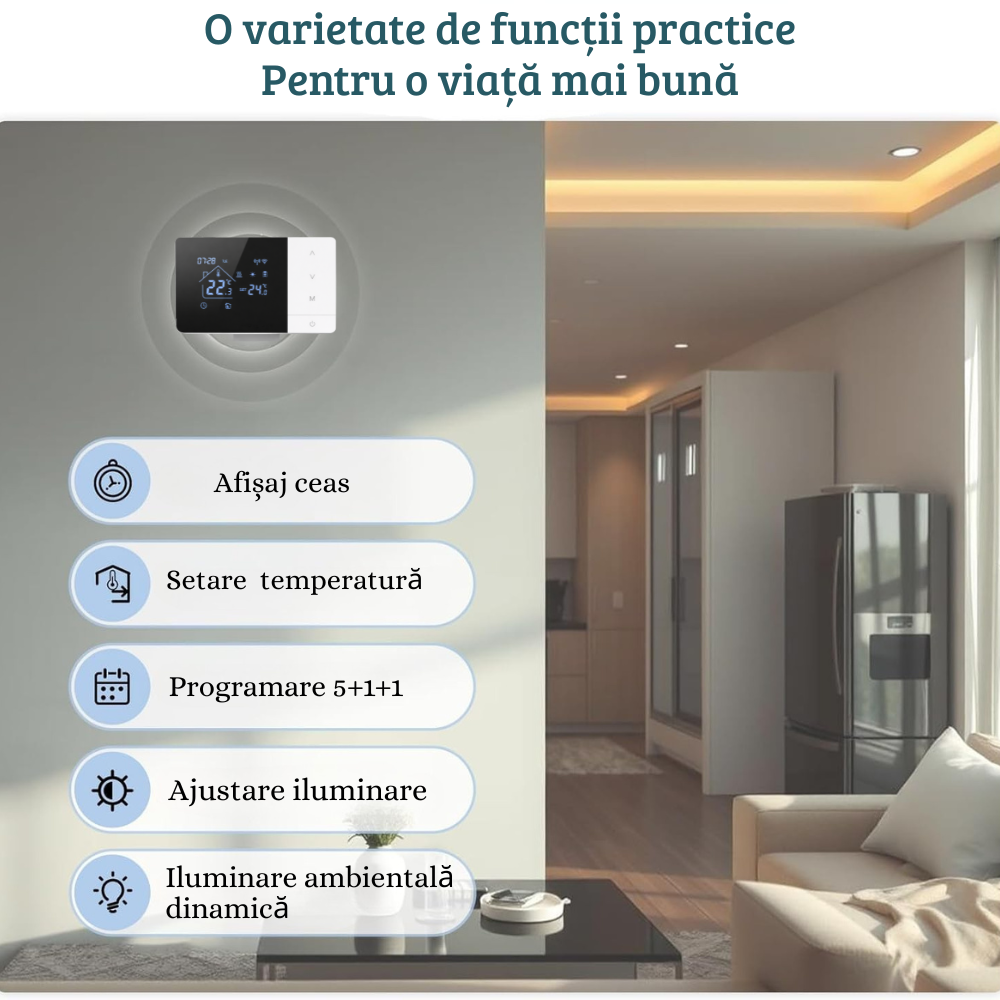 Termostat Smart Birai EcoTherm Negru – Programabil, WiFi, RF 433MHz, Control Vocal Alexa & Google Home, Receiver Inclus - imagine produs