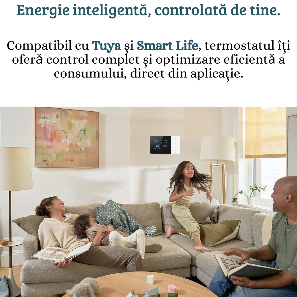 Termostat Smart Birai EcoTherm Negru – Programabil, WiFi, RF 433MHz, Control Vocal Alexa & Google Home, Receiver Inclus - imagine produs
