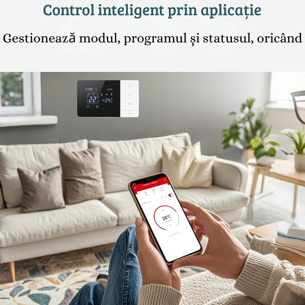 Termostat Smart Birai EcoTherm Negru – Programabil, WiFi, RF 433MHz, Control Vocal Alexa & Google Home, Receiver Inclus - imagine produs