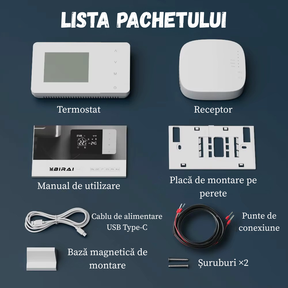 Termostat Smart Birai EcoTherm Alb – Programabil, WiFi, RF 433MHz, Control Vocal Alexa & Google Home, Receiver Inclus - imagine produs