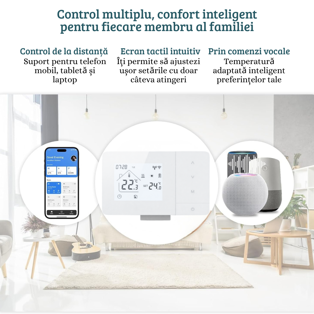 Termostat Smart Birai EcoTherm Alb – Programabil, WiFi, RF 433MHz, Control Vocal Alexa & Google Home, Receiver Inclus - imagine produs
