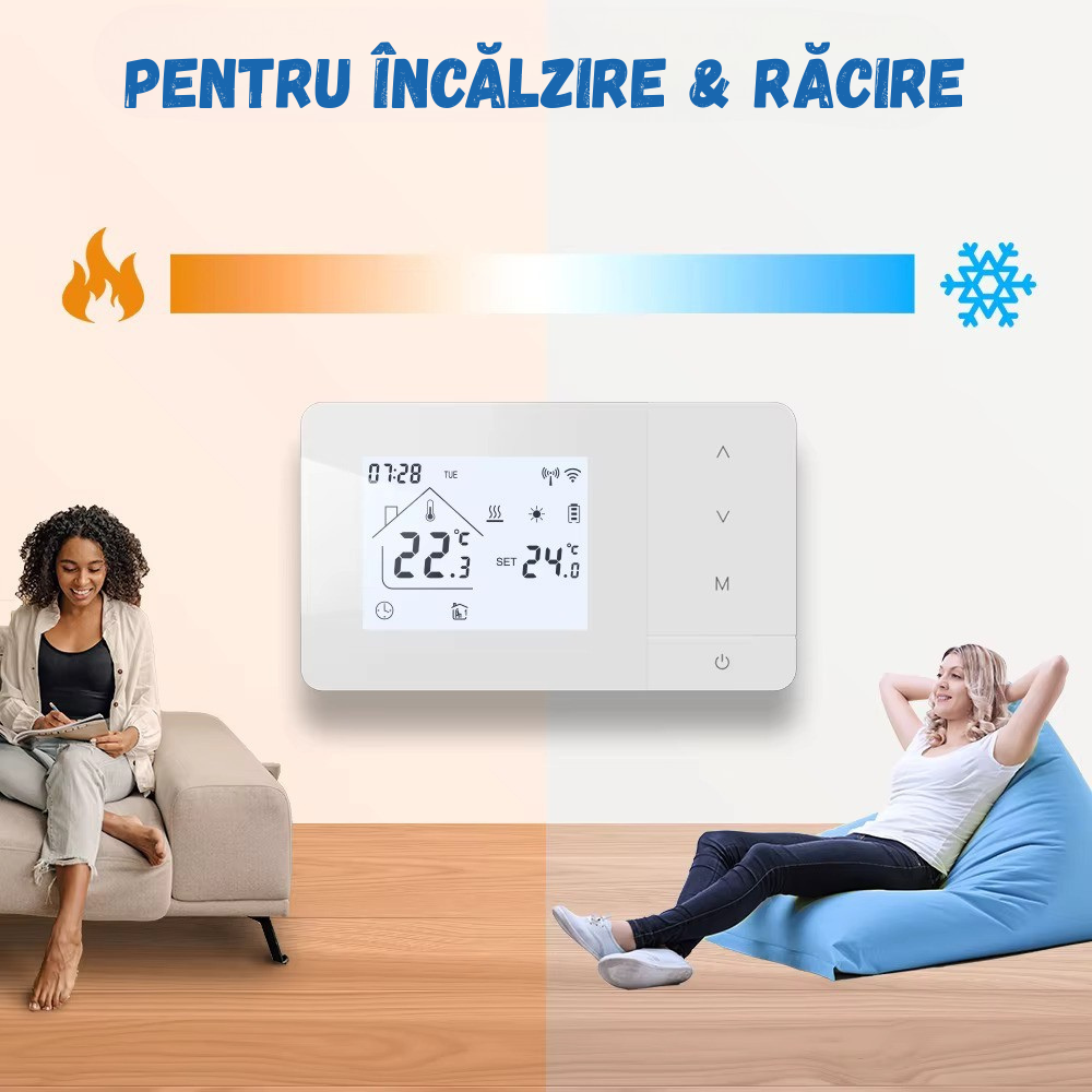 Termostat Smart Birai EcoTherm Alb – Programabil, WiFi, RF 433MHz, Control Vocal Alexa & Google Home, Receiver Inclus - imagine produs