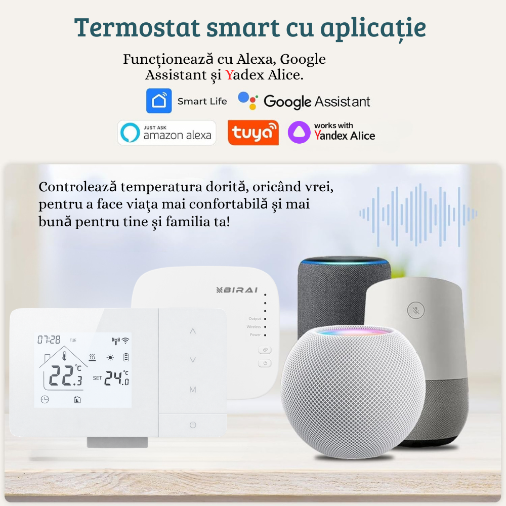 Termostat Smart Birai EcoTherm Alb – Programabil, WiFi, RF 433MHz, Control Vocal Alexa & Google Home, Receiver Inclus - imagine produs