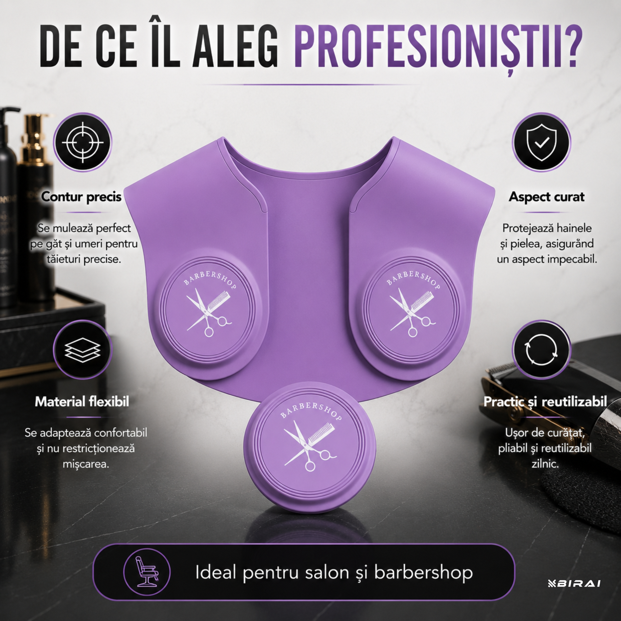 Guler Profesional BIRAI din Silicon pentru Tuns și Vopsit, Impermeabil, Reutilizabil, Mov, 32 × 37 cm - imagine produs